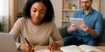 Mulher escreve em folha ao lado de notebook e livro aberto com homem ao fundo usando tablet