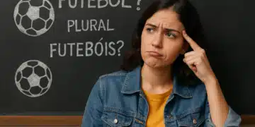 Jovem mulher faz expressão confusa em frente a quadro negro com pergunta sobre plural de futebol e desenhos de bolas