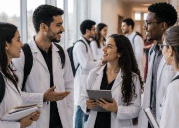 Estudantes de medicina usando jalecos conversam em ambiente acadêmico, representando o resultado da etapa de habilidades clínicas do Revalida 2025/2.