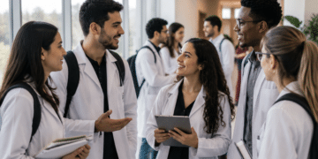 Estudantes de medicina usando jalecos conversam em ambiente acadêmico, representando o resultado da etapa de habilidades clínicas do Revalida 2025/2.