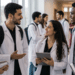 Estudantes de medicina usando jalecos conversam em ambiente acadêmico, representando o resultado da etapa de habilidades clínicas do Revalida 2025/2.