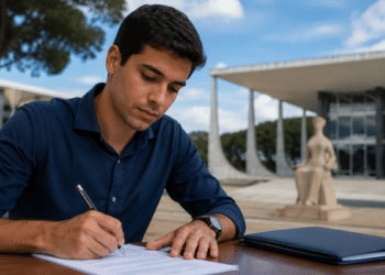Jovem preenche documento em mesa ao ar livre, com o edifício-sede do Supremo Tribunal Federal ao fundo