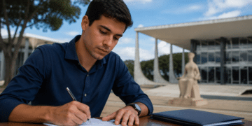 Jovem preenche documento em mesa ao ar livre, com o edifício-sede do Supremo Tribunal Federal ao fundo