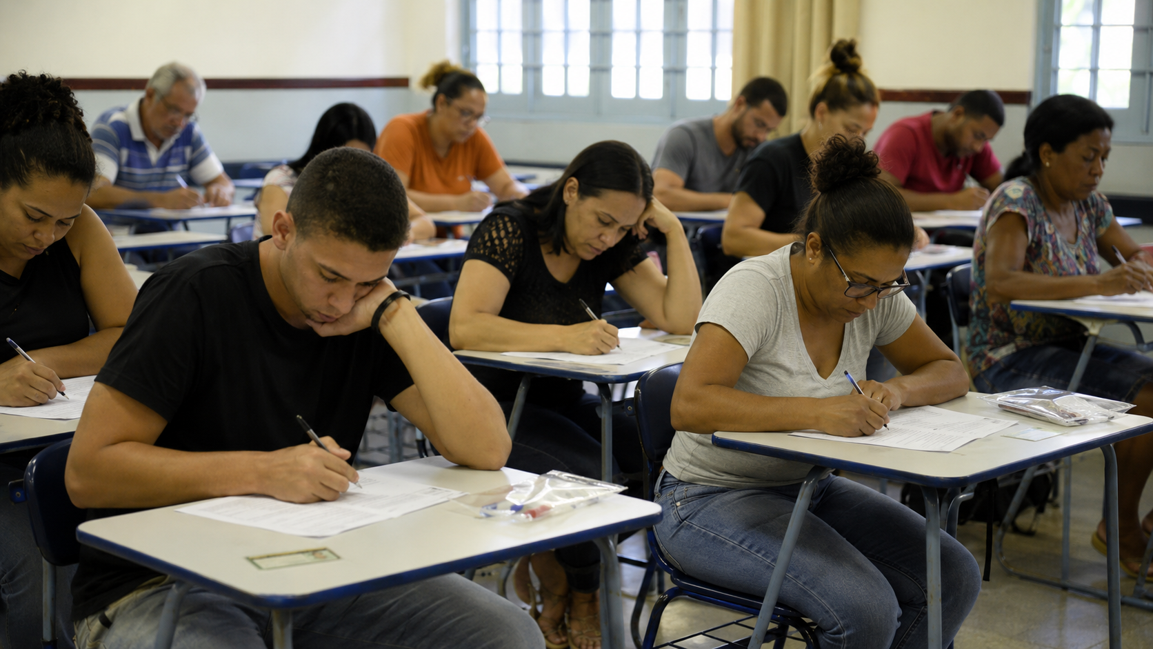 Provas do Encceja Grupo diverso de adultos concentrados fazendo prova escrita em sala de aula, carteiras azuis e documentos sobre mesas.