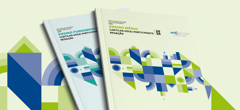 Imagem das capas das cartilhas do participante do Encceja 2026 sobre redação, nas versões de ensino fundamental e ensino médio, com a identidade visual do exame