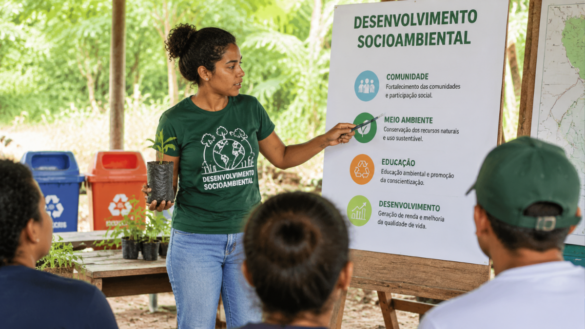 Curso gratuito de desenvolvimento socioambiental do Pronatec Pessoa participando de capacitação em desenvolvimento socioambiental com foco em sustentabilidade.