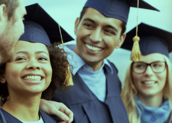 Imagem ilustrativa de grupo de formandos sorridentes com beca e capelo em uma cerimônia de formatura, representando os estudantes que farão o Enade 2026