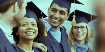 Imagem ilustrativa de grupo de formandos sorridentes com beca e capelo em uma cerimônia de formatura, representando os estudantes que farão o Enade 2026