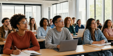 Estudantes em sala de aula universitária durante atividade acadêmica, em referência ao vestibular da USP pela Fuvest 2027.