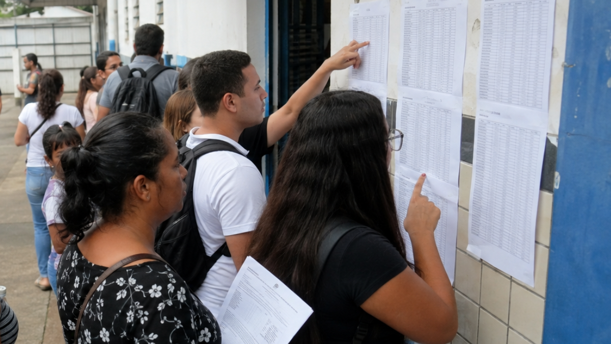 Consulta ao local de prova do Encceja 2026 Participantes do Encceja 2026 consultam listas de local de prova em escola antes da aplicação do exame.