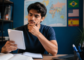 Jovem analisando opções de idiomas para estudar e ampliar oportunidades profissionais.