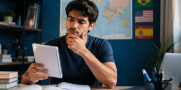 Jovem analisando opções de idiomas para estudar e ampliar oportunidades profissionais.