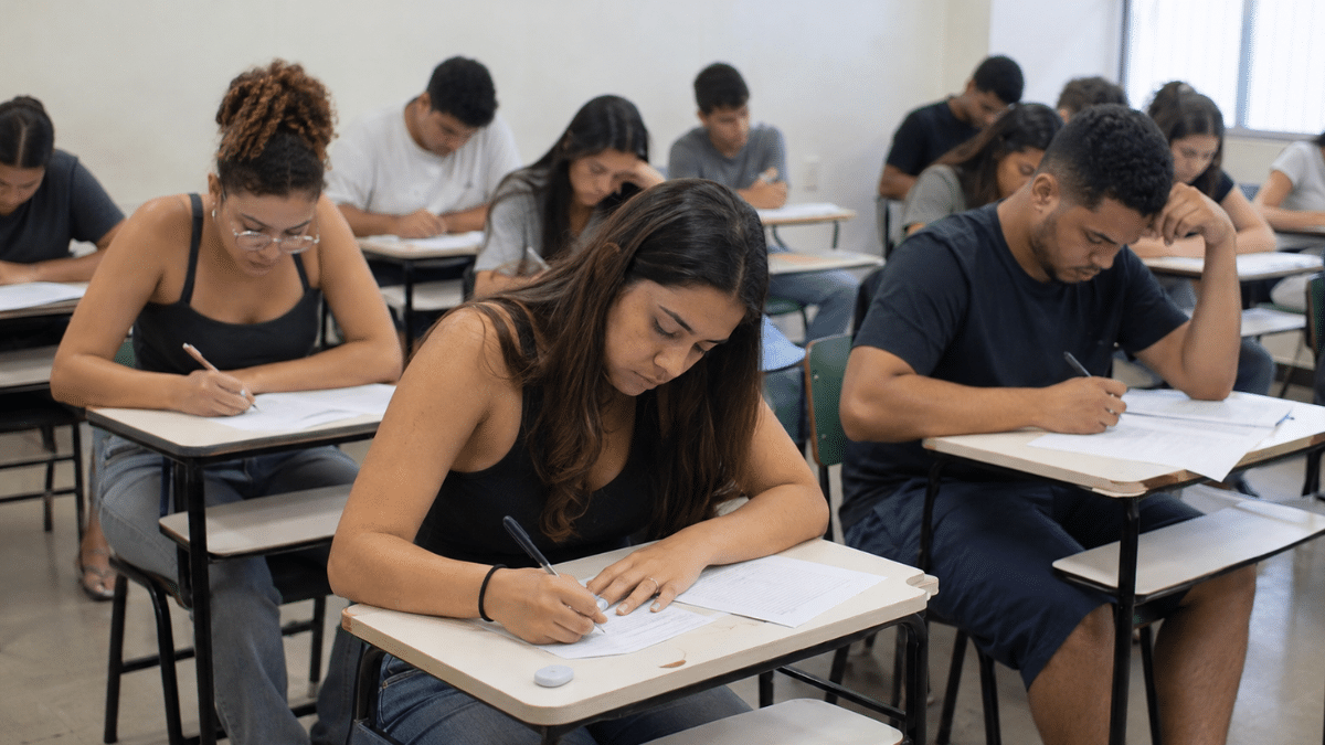 Estudantes realizam a prova do Enade em sala de aula.