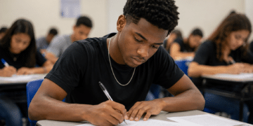 Jovem realiza prova do Encceja em sala de aula.