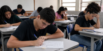 Jovens realizando a prova do Encceja 2026 em sala de aula de escola pública.
