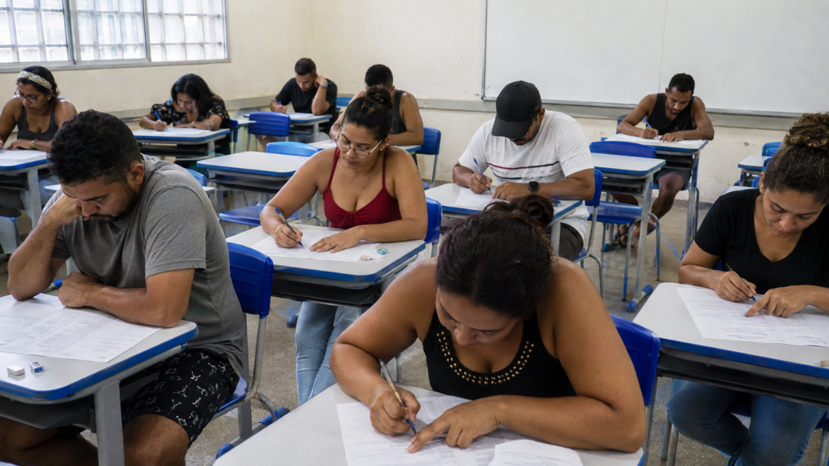 Resultado do Encceja 2026 será divulgado em 14 de dezembro Participantes realizam as provas do Encceja em sala de aula enquanto aguardam a divulgação dos resultados.