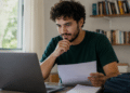 Estudante consulta resultado do recurso de atendimento especializado do Enade em um notebook.