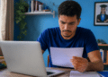 Jovem consulta no notebook o resultado da 2ª chamada do Prouni 2026.2 e analisa um documento com informações da seleção.