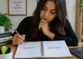 Jovem com cabelos longos analisando caderno com as palavras "Baiano" e "Bahiano" escritas.