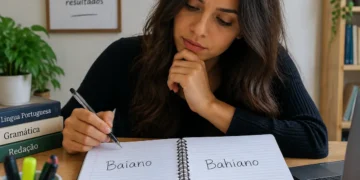 Jovem com cabelos longos analisando caderno com as palavras "Baiano" e "Bahiano" escritas.