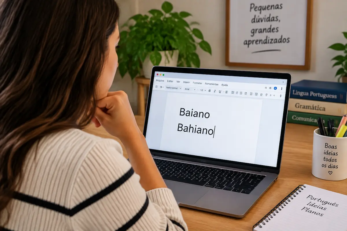 Baiano ou bahiano qual é a forma correta Jovem digitando “Baiano” e “Bahiano” em notebook, rodeada de materiais de estudo de português.