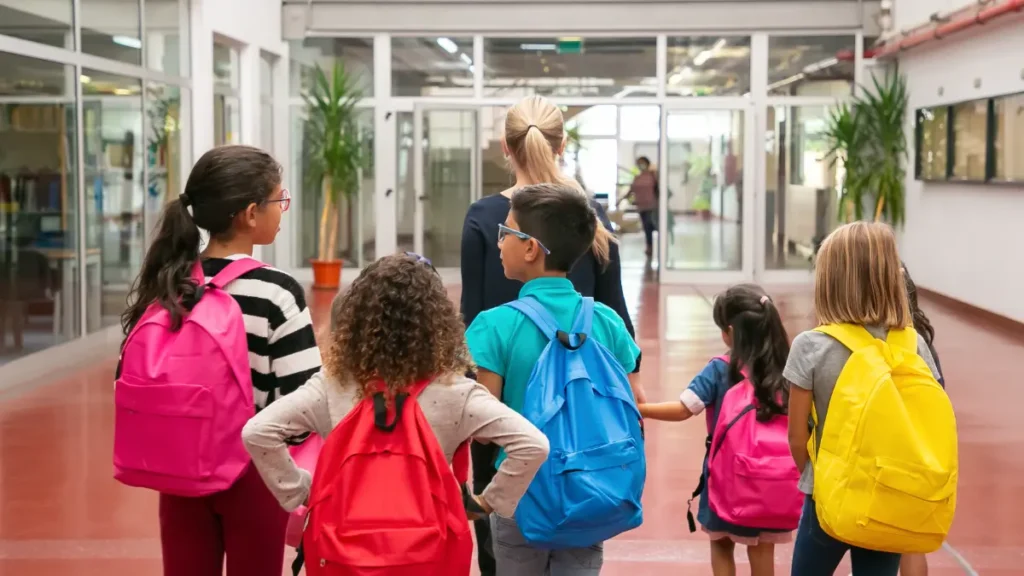 Resultado preliminar do Censo Escolar já pode ser consultado; gestores devem ficar atentos ao prazo para corrigir informações 1 Grupo de crianças andando por corredor escolar.