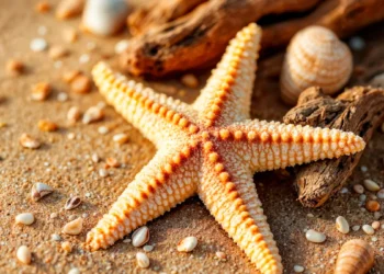Estrela-do-mar entre conchas na areia.