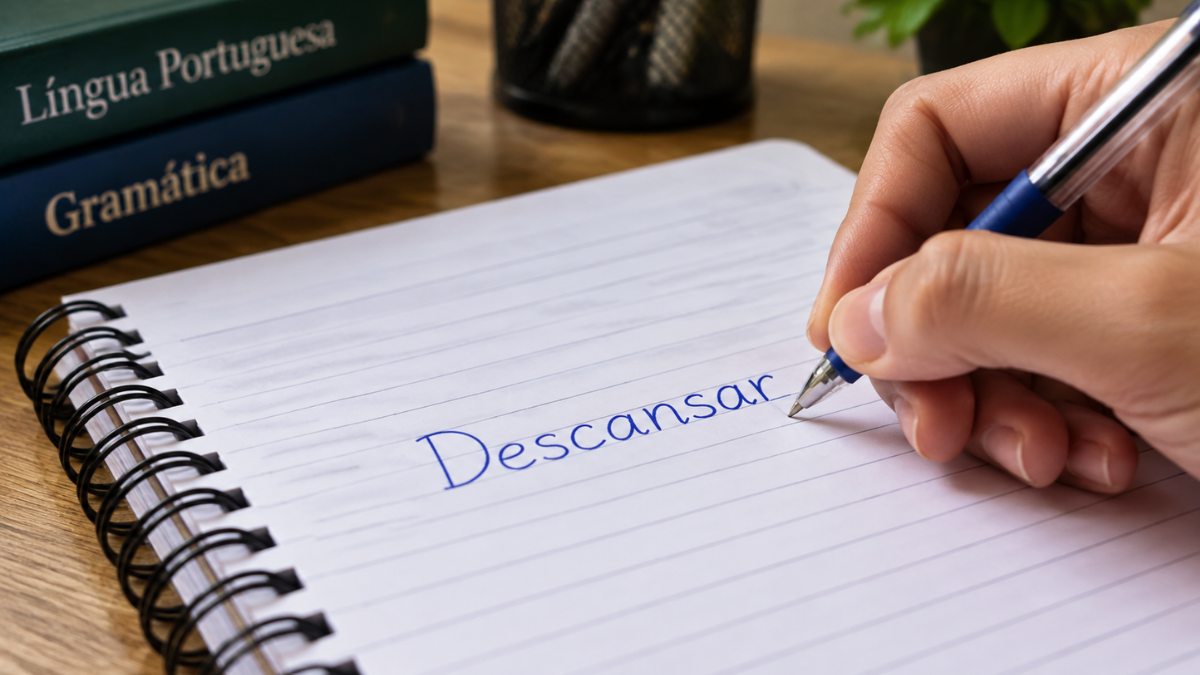 Conjugação do verbo descansar na língua portuguesa Mão escrevendo a palavra “Descansar” em caderno, representando a conjugação do verbo e a grafia correta na língua portuguesa.