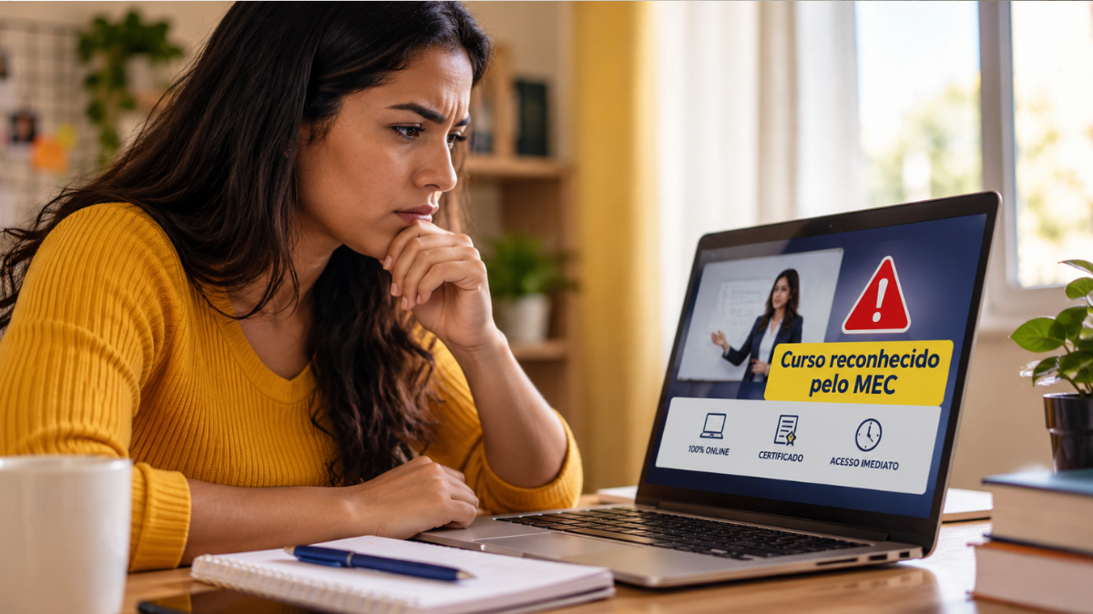 Educação formal e não formal – validade de certificados de cursos Mulher analisa anúncio de curso livre no notebook enquanto verifica informações sobre reconhecimento e certificação pelo MEC.
