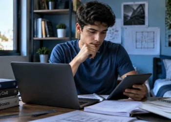 Estudante de arquitetura ou engenharia utiliza notebook e materiais de estudo para aprender softwares de projeto.