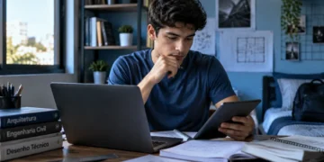 Estudante de arquitetura ou engenharia utiliza notebook e materiais de estudo para aprender softwares de projeto.
