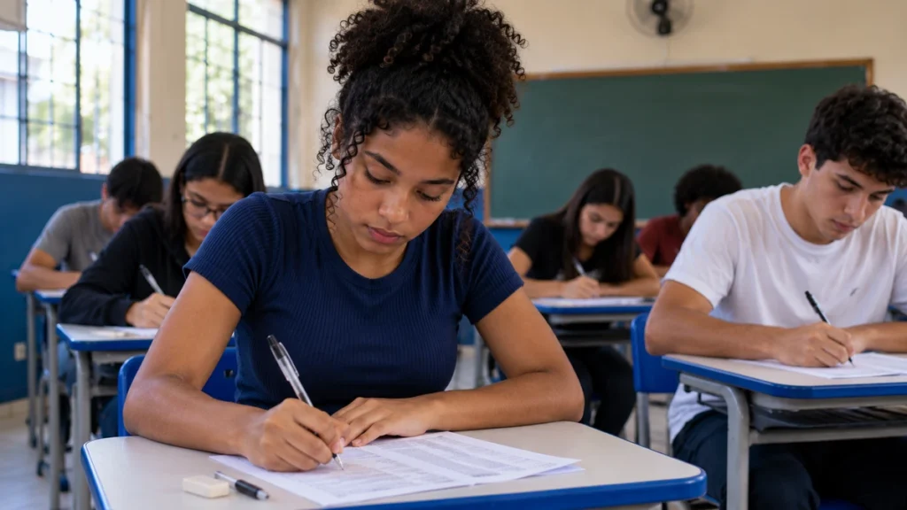 Enem em Libras: plataforma gratuita reúne provas, gabaritos e materiais para estudar 1 Estudantes realizam prova do Enem em sala de aula; exame de 2026 ocorrerá em 8 e 15 de novembro.