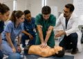 Residentes em saúde participam de treinamento prático com boneco de simulação e orientação de um professor.