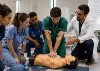 Residentes em saúde participam de treinamento prático com boneco de simulação e orientação de um professor.