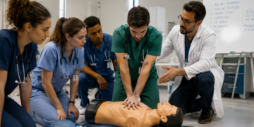 Residentes em saúde participam de treinamento prático com boneco de simulação e orientação de um professor.