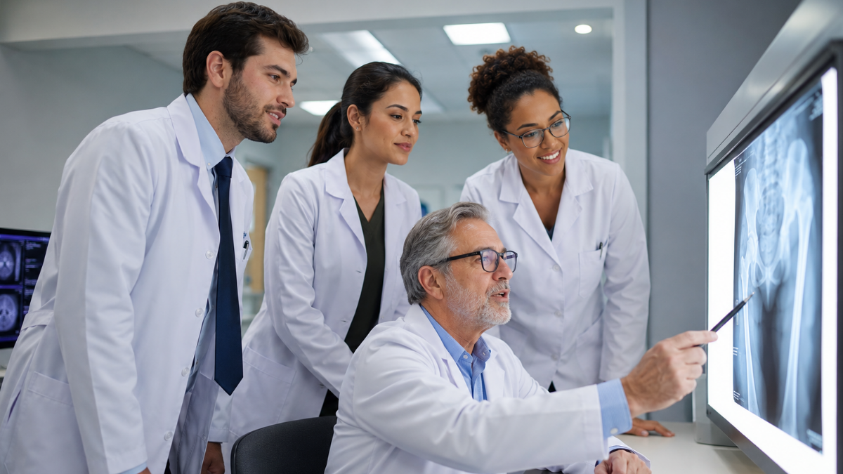 Atividades acadêmicas para residentes em saúde Médicos residentes analisam exame de imagem durante atividade acadêmica de formação em ambiente hospitalar.