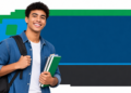 Imagem ilustrativa: estudante sorridente com mochila e cadernos em arte sobre o Pibid