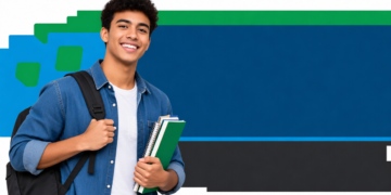 Imagem ilustrativa: estudante sorridente com mochila e cadernos em arte sobre o Pibid