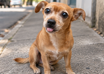 Cachorro vira-lata caramelo sentado na calçada representando a explicação do plural da palavra vira-lata.