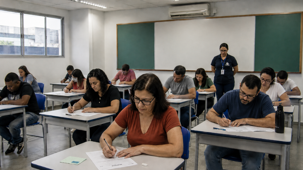 Aplicação da PND 2026 Professores realizam a Prova Nacional Docente 2026 em sala de aula.