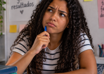 Estudante com expressão de dúvida durante estudo de português sobre o uso correto de pode vir e pode vim.