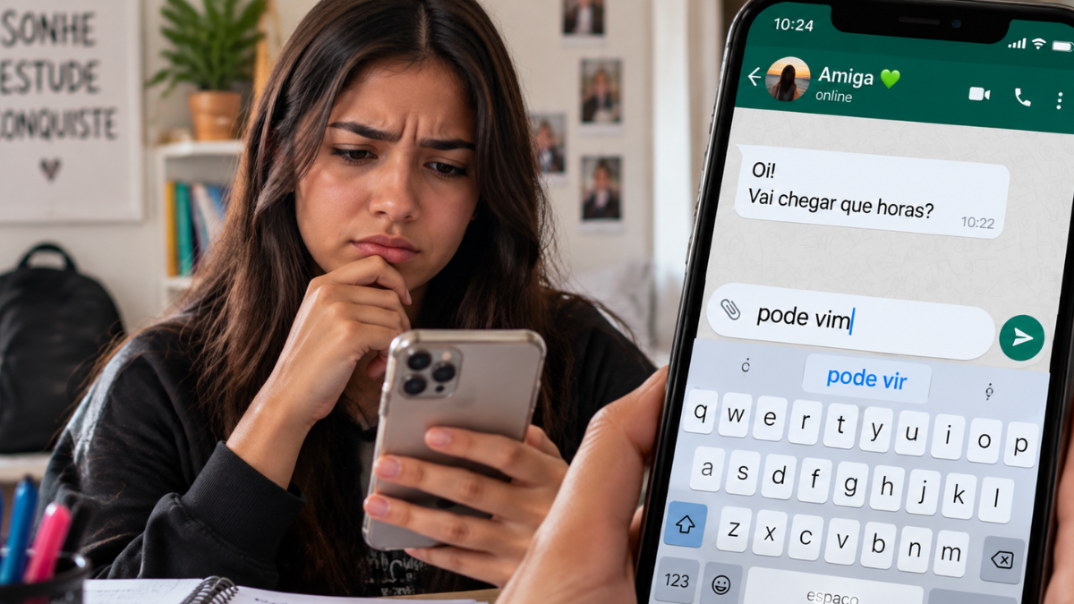 Pode vir ou pode vim? Entenda a regra do infinitivo após verbos auxiliares Estudante consultando celular com sugestão de correção da expressão pode vim para pode vir.