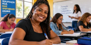 Mulher negra participa de curso de qualificação profissional em sala de aula representando o programa Mulheres Mil.