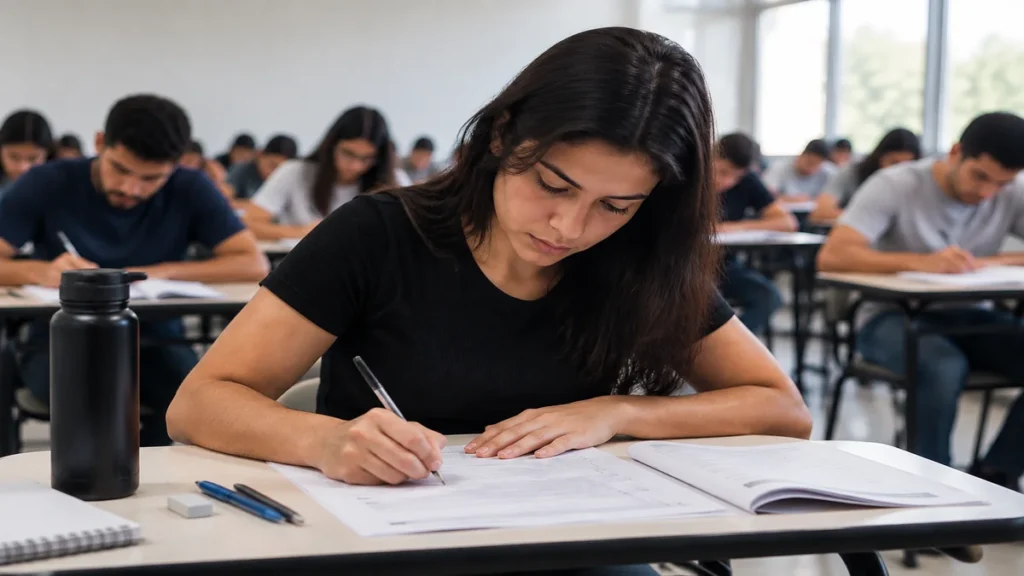 Fez pedido de reaplicação da PND 2026? Veja quando sai o resultado da solicitação 1 Candidata realiza prova escrita em sala de avaliação com outros estudantes ao fundo.