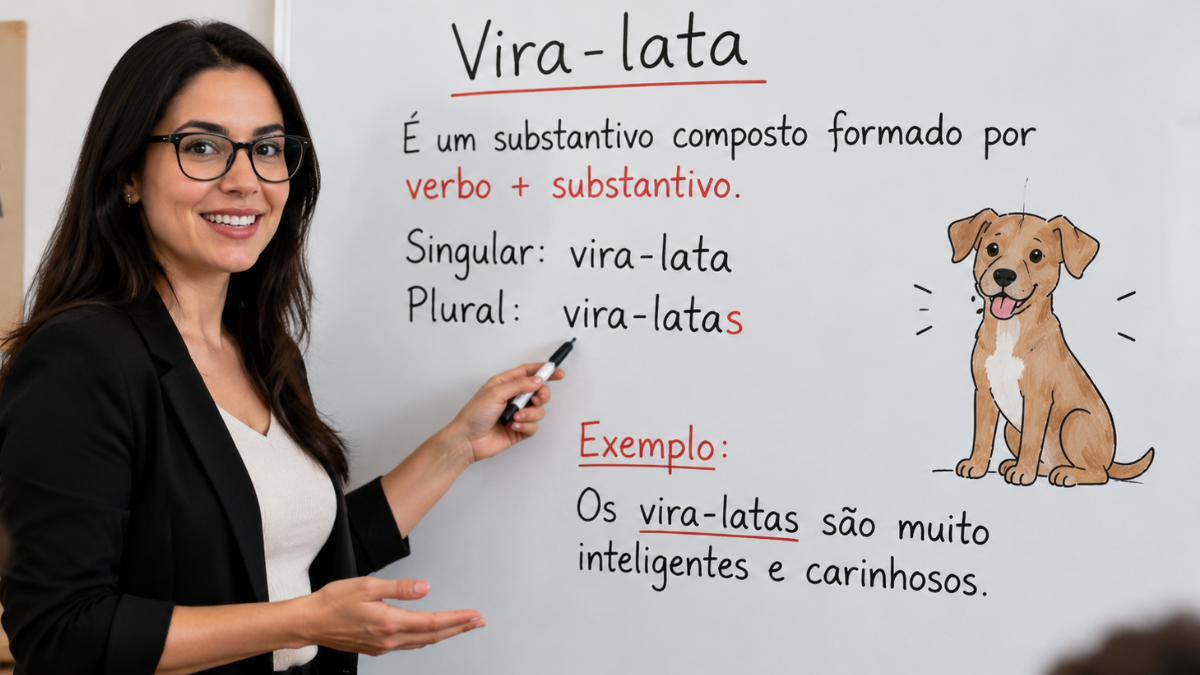 Regra gramatical do plural de vira-lata Professora explicando no quadro a regra do plural de vira-lata como substantivo composto formado por verbo e substantivo.