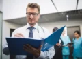 Profissional de saúde analisa documentos em ambiente hospitalar durante atividade administrativa.