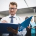 Curso online de Administração Hospitalar reúne conteúdos sobre gestão financeira, auditoria e legislação em saúde 11 Profissional de saúde analisa documentos em ambiente hospitalar durante atividade administrativa.
