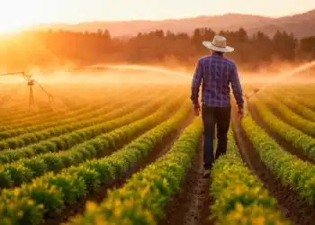 Curso online de Agropecuária: veja como se qualificar para atuar na gestão rural sustentável 6 Agricultor em plantação irrigada representa curso de Agropecuária para Gestão Rural Sustentável.