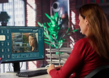 Photoshop com IA: curso online ensina criação de imagens, retoques e remoção de objetos 5 Mulher diante de um computador com um retrato e ferramentas de edição de imagens na tela.