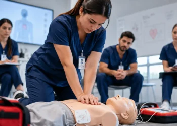 Curso online de Primeiros Socorros e Enfermagem apresenta conhecimentos para lidar com situações de risco 5 Profissional de enfermagem realiza treinamento de primeiros socorros com manequim durante aula prática de reanimação cardiopulmonar.